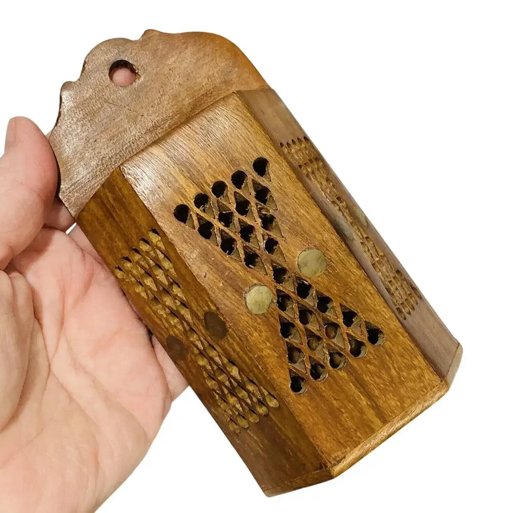 Carved Teak Wood Match Box Incense Wall Pocket Pierced Pattern Brass Studs Inlay